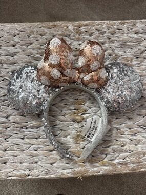 Disney Silver Sequin Minnie Ear Headband with Rose Gold Polka Dot Bow